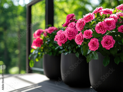 Wallpaper Mural A vibrant display of pink roses in stylish pots, enhancing a sunny outdoor space with lush greenery in the background. Torontodigital.ca