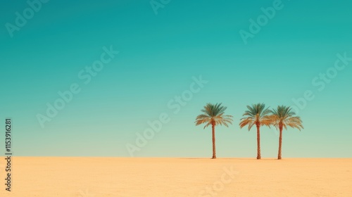 Tranquil Desert Landscape with Three Palm Trees Against a Clear Blue Sky