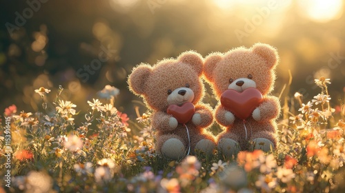 Two cute teddy bears hold red hearts amidst a field of colorful flowers, bathed in soft sunlight, evoking a sense of love and warmth.