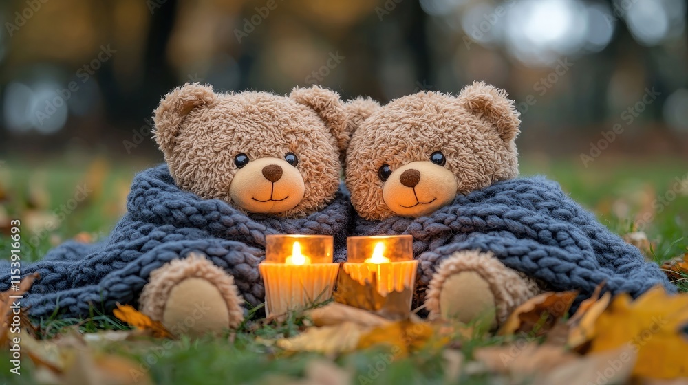Two teddy bears wrapped in blue blankets sit on the grass beside glowing candles, surrounded by autumn leaves. Two teddy bears wrapped in blue blankets sit on the grass beside glowing candles, surrounded by autumn leaves.