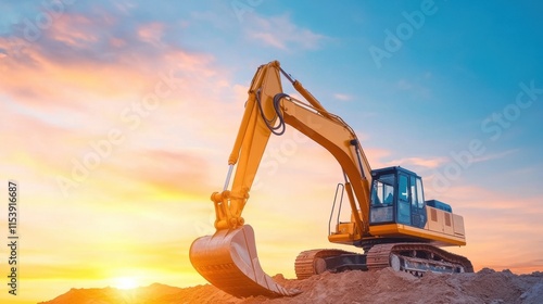 Excavator at Sunset: A powerful yellow excavator stands majestically against a vibrant sunset, symbolizing construction, industry, and progress.