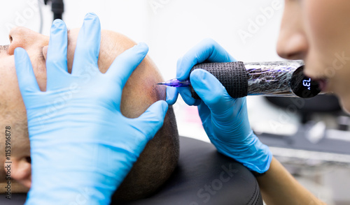 Photos An unrecognizable professional woman performs a hair micropigmentation treatment on a man's scalp in a modern clinic