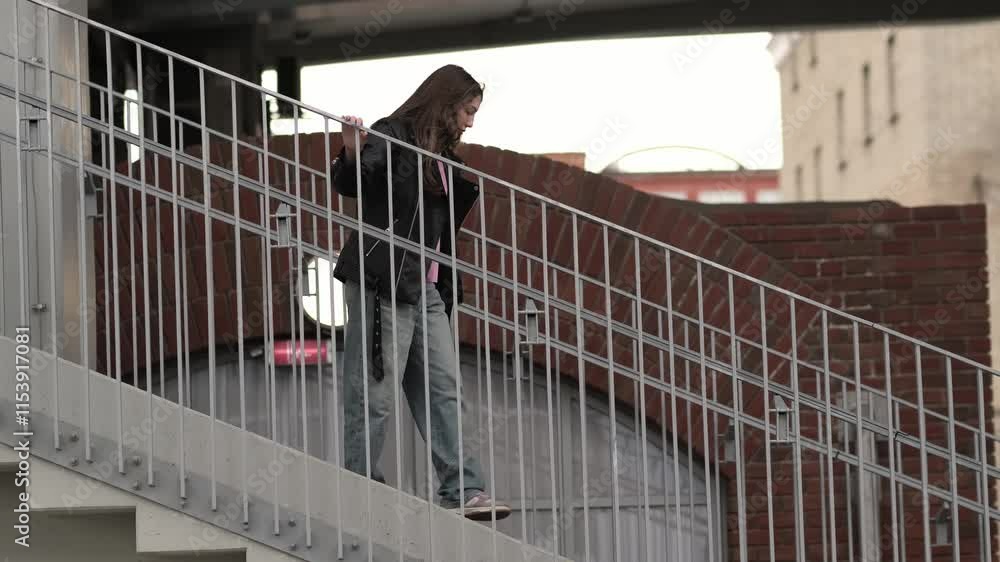 A young woman leans on a railing, her expression dreamy and reflective. This cinematic moment blends urban style with themes of contemplation and casual elegance. A young woman leans on a railing, her expression dreamy and reflective. This cinematic moment blends urban style with themes of contemplation and casual elegance.