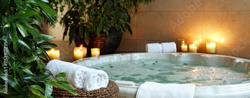 A luxurious spa room featuring a bubbling jacuzzi aroma Luxurious spa with bubbling jacuzzi Relaxing spa retreat with soothing aroma Elegant spa room with jacuzzi ambiance