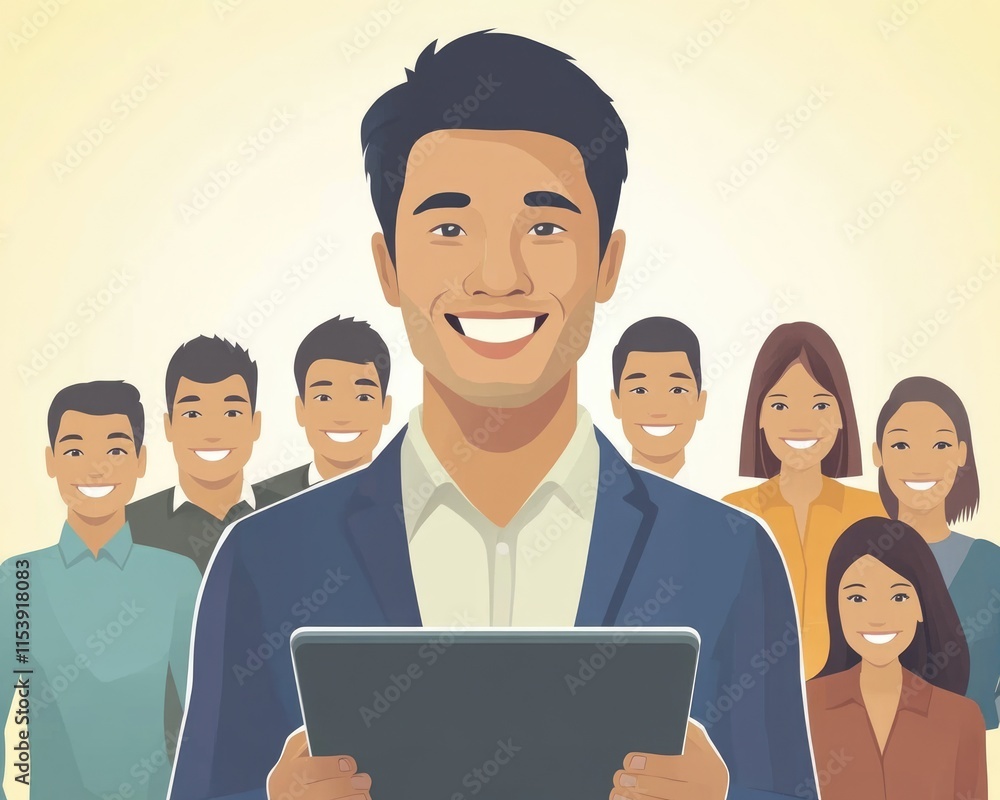 Confident Male Leader Engaging with Business Team via Digital Tablet in Office Setting Confident Male Leader Engaging with Business Team via Digital Tablet in Office Setting