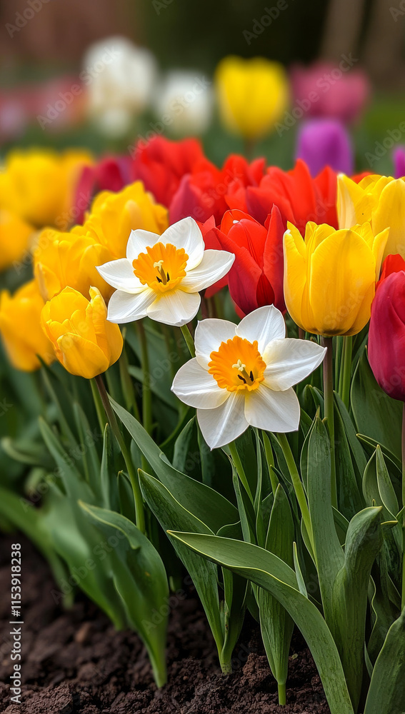 Obraz premium Vibrant garden filled with tulips and daffodils in various colors