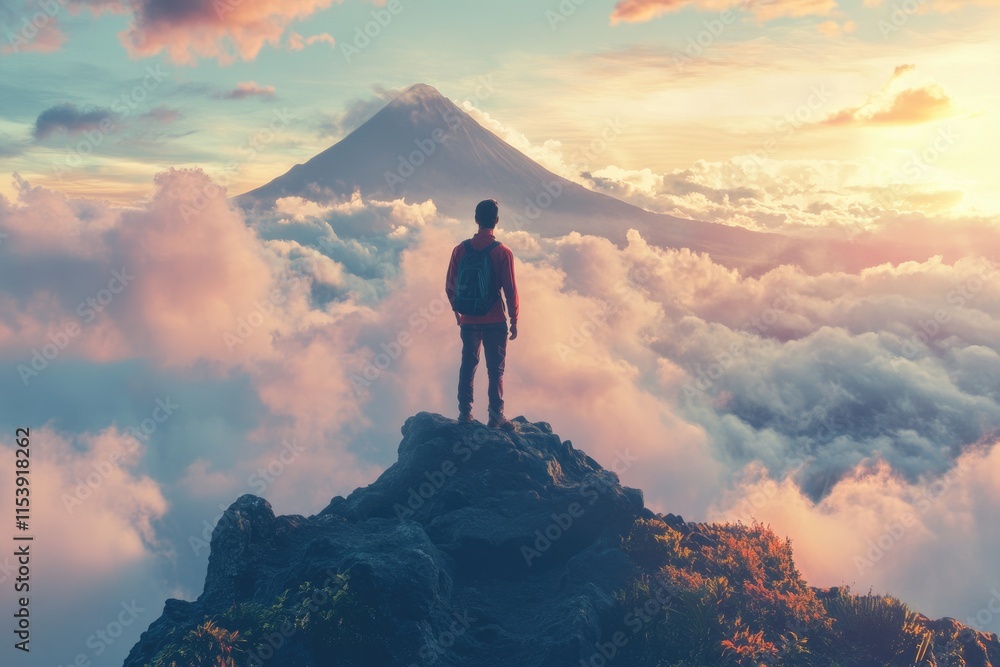 Fototapeta premium Solo Adventurer on Rocky Summit: Embracing the Majestic View of Mount Agung in Bali for an Active Life