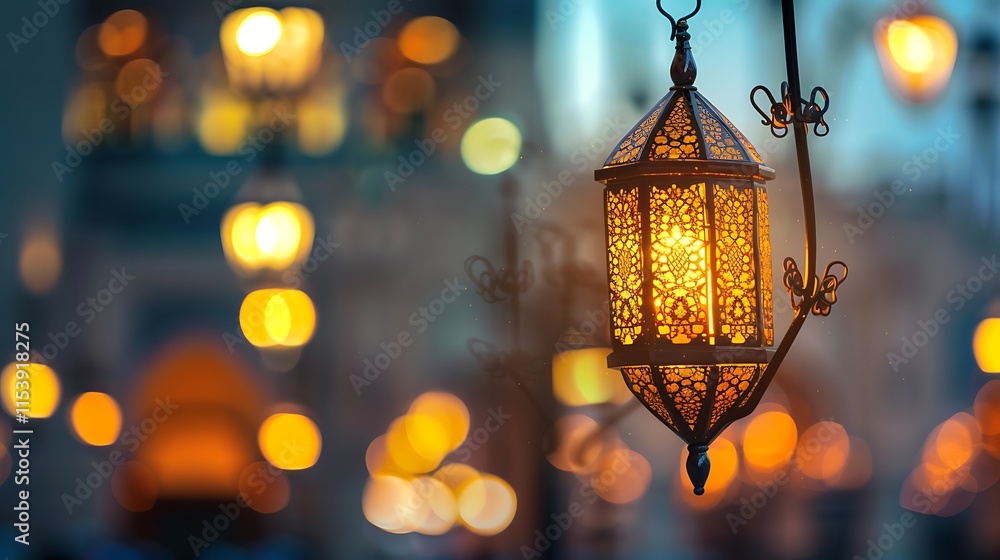 For ramadan an Islamic light with a blurred mosque backdrop