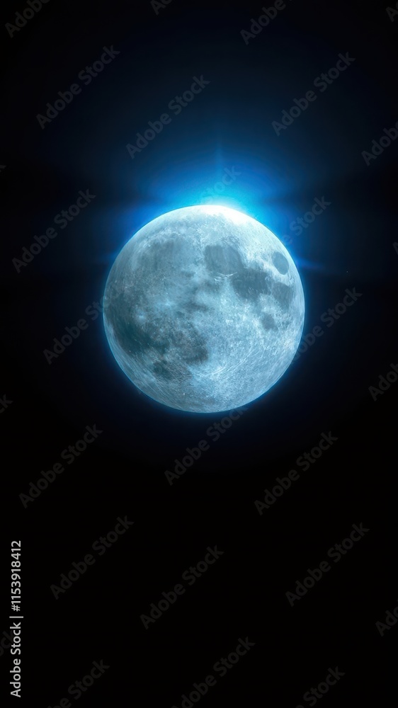 Fototapeta premium Radiant blue supermoon, ethereal blue halo, cosmic glow, isolated on black, texture, astrology
