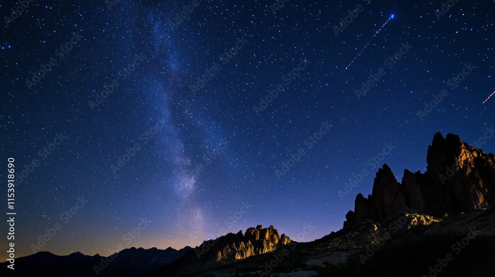 A stunning night sky filled with stars and the Milky Way over rocky terrain. A stunning night sky filled with stars and the Milky Way over rocky terrain.