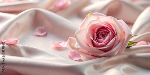 A single pink rose petal gently falls onto a smooth surface of soft silk, releasing its subtle fragrance and beauty, pink roses on soft silk, rose details photo