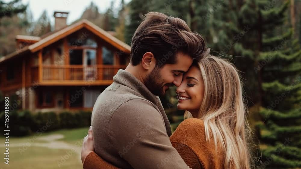 A romantic couple embraces joyfully in nature, surrounded by tall trees and a quaint wooden cabin during sunset A romantic couple embraces joyfully in nature, surrounded by tall trees and a quaint wooden cabin during sunset