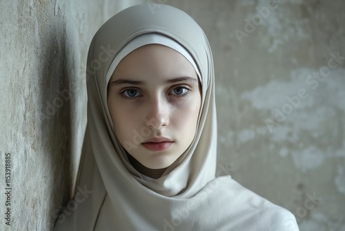 Pensive Young Nun: Portrait of a Serious Catholic Woman Against a Grey Wall photo