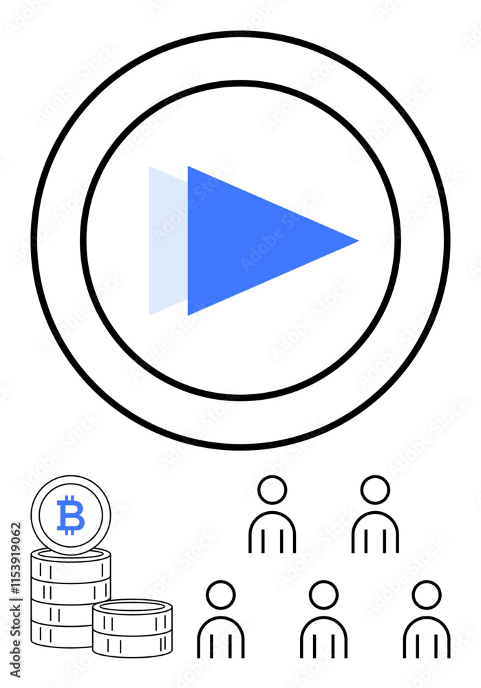 Blue play button Bitcoin logo on stacked coins, and five user icons. Ideal for cryptocurrency, investment, networking, technology, blockchain, finance, community. Line metaphor Blue play button Bitcoin logo on stacked coins, and five user icons. Ideal for cryptocurrency, investment, networking, technology, blockchain, finance, community. Line metaphor