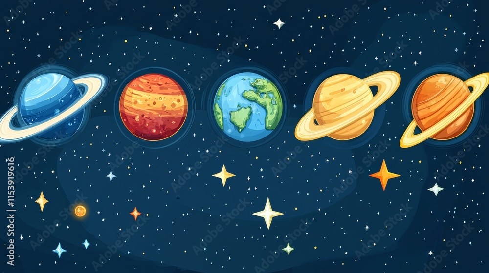 Naklejka premium A colorful illustration of planets in space, showcasing their distinct features and colors.