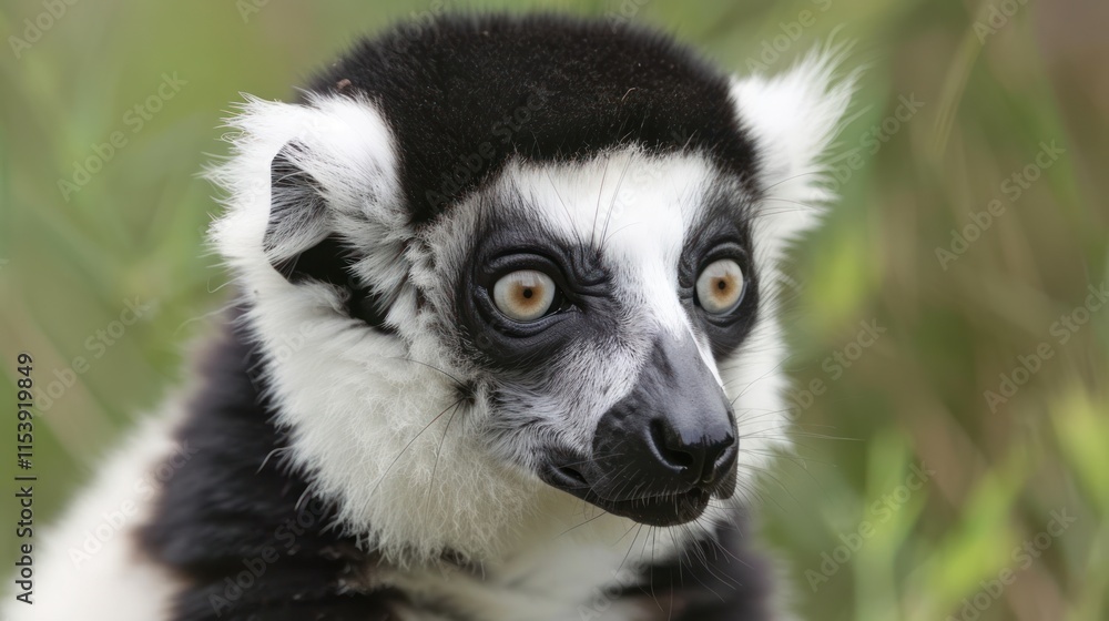 Obraz premium Close-up portrait of a black and white lemur. (1)