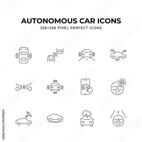 Set of 12 minimalist line icons depicting various aspects of autonomous car technology including self-parking remote control and sensor systems Perfect for illustrating driverless vehicle concepts.