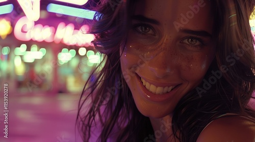 Close-up portrait of a smiling woman at night, with amusement park lights in the background.