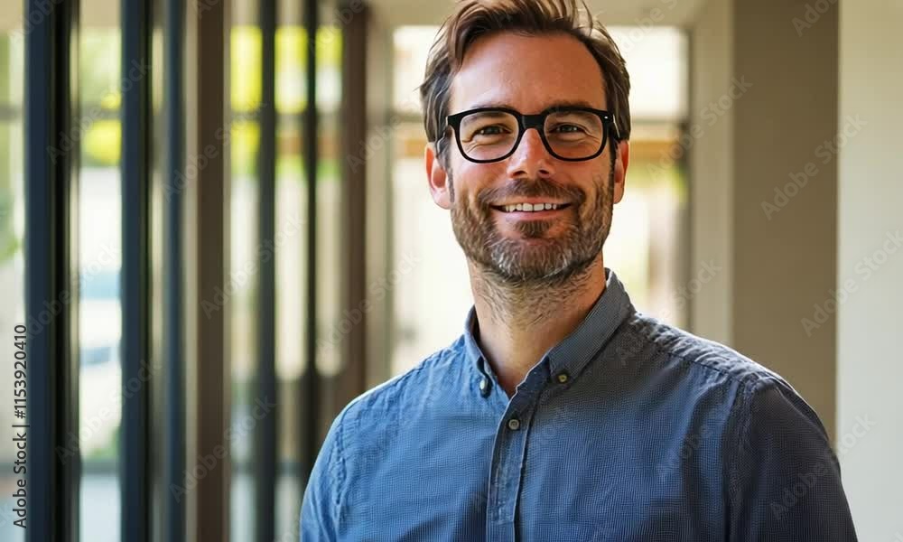 Friendly man with glasses smiling in a modern office environment, showcasing confidence and approachability with natural light streaming through the window Friendly man with glasses smiling in a modern office environment, showcasing confidence and approachability with natural light streaming through the window