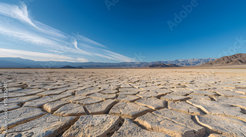 A View of Extreme Aridity: Cracked Desert Terrain Stretching to Distant Ridges Under a Relentless Sun photo