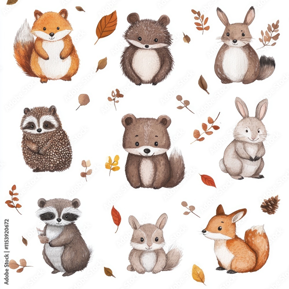 Naklejka premium Whimsical Woodland Creatures: Watercolor Illustrations Featuring Bear, Fox, Bunny, Raccoon, Owl, and More for Kids' Imaginations