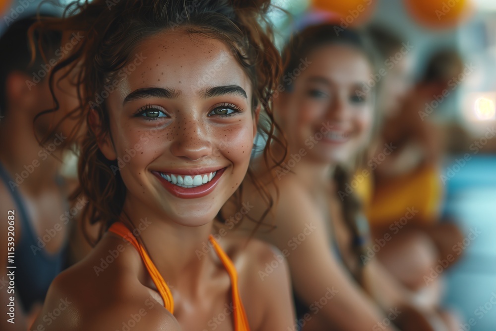 Cheerful young women enjoying a sunny day by the pool, showcasing happiness and friendship in a vibrant environment. Cheerful young women enjoying a sunny day by the pool, showcasing happiness and friendship in a vibrant environment.