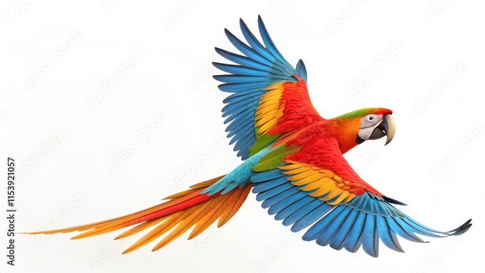 Fototapeta premium Vibrant Colorful Parrot in Mid Flight Against a White Background