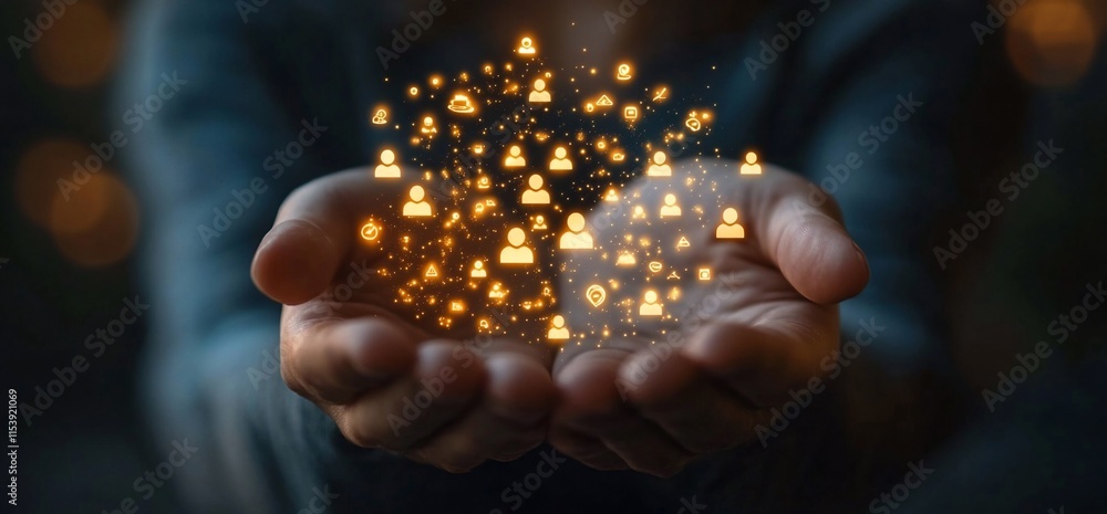 Hands holding glowing icons representing connection and communication. Hands holding glowing icons representing connection and communication.