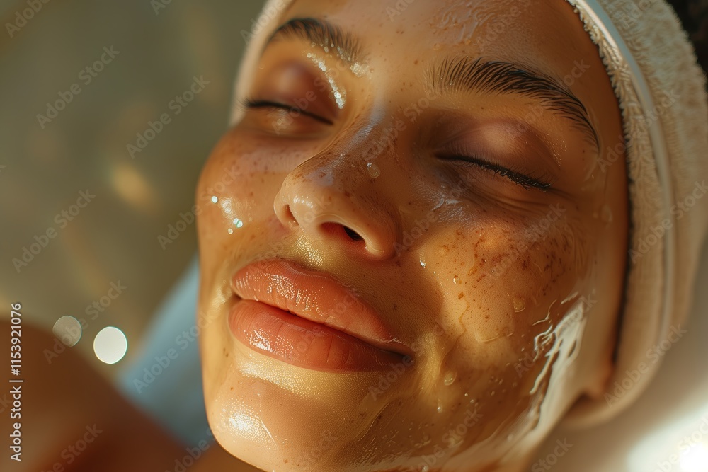 Close-up of a relaxed woman enjoying a facial treatment with natural ingredients and a serene expression. Close-up of a relaxed woman enjoying a facial treatment with natural ingredients and a serene expression.
