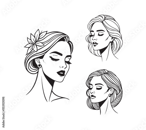 Set of stylized woman faces. Modern single line art. Woman beauty fashion concept, minimalistic style Black and white