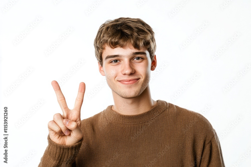 Joyful Young Man Displaying Two Fingers in a Victory Gesture Against a Clean White Backdrop Joyful Young Man Displaying Two Fingers in a Victory Gesture Against a Clean White Backdrop