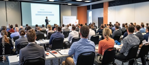 A large group of people in an audience, sitting and listening to the speaker on stage with white screen wall at business conference or workshop meeting.  