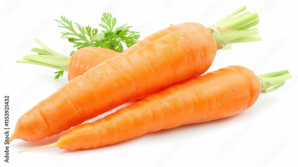 Three fresh orange carrots with green tops on white background. Three fresh orange carrots with green tops on white background.