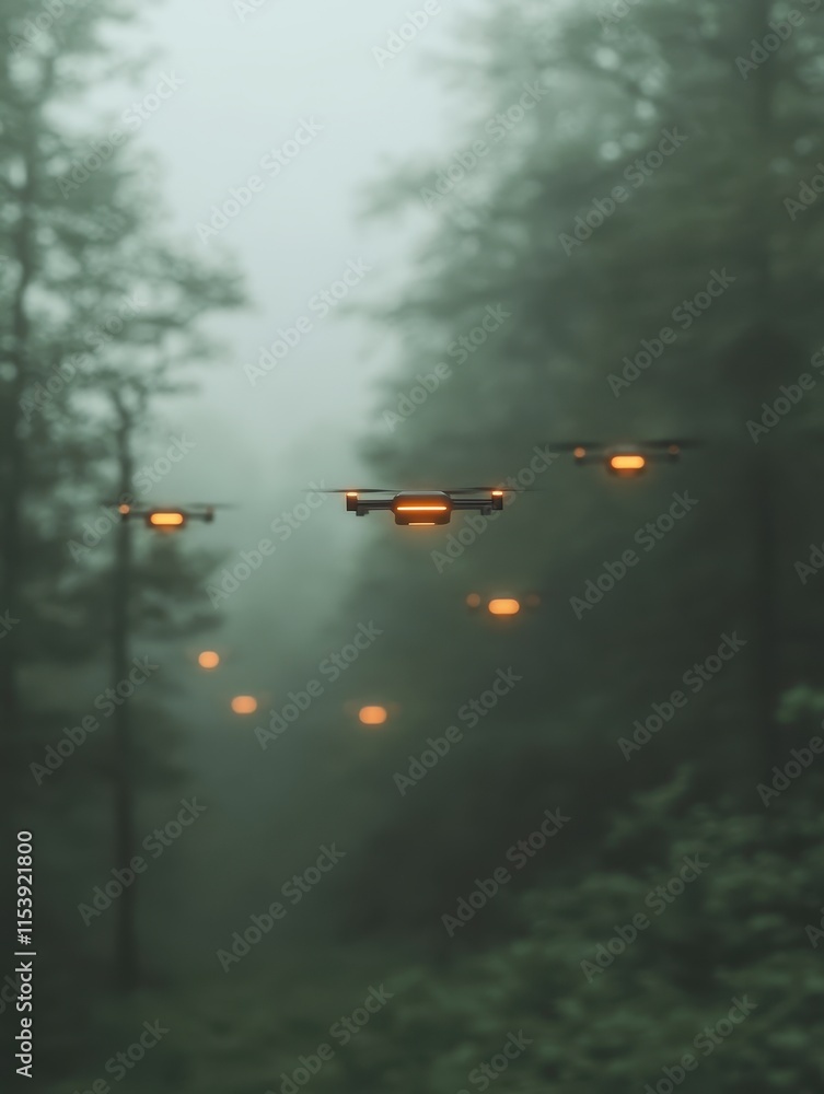 Fototapeta premium Technological Evolution: Futuristic Robotic Swarm of Insect-like Drones in Misty Forest