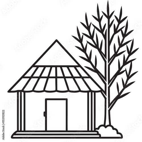 Minimal hut icon with tree vector silhouette 
