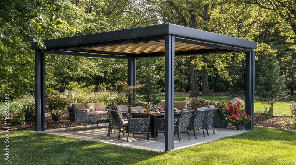 A modern outdoor pavilion with seating for relaxation and dining in a green garden setting. A modern outdoor pavilion with seating for relaxation and dining in a green garden setting.
