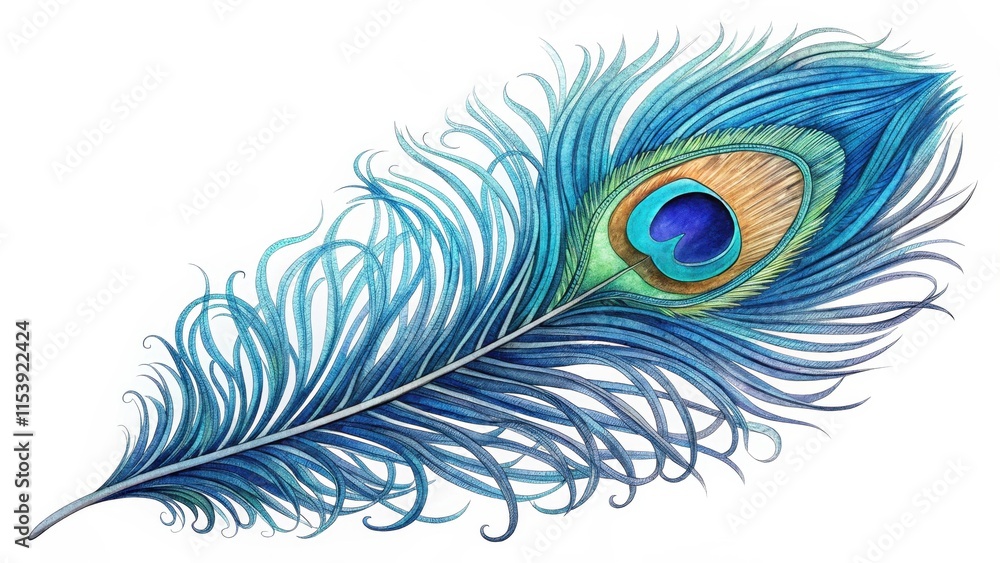 Obraz premium Vivid Blue Peacock Feather on White Background for Creative Projects