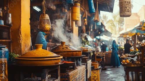 Bustling Moroccan Market with Vendors Cooking in Tagines