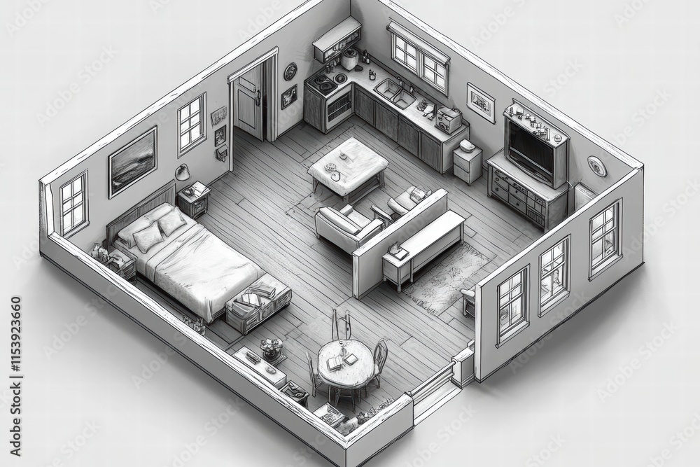 Obraz premium Isometric Sketch of a Cozy Apartment Interior