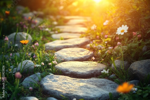 Sunlit Stone Pathway Through Blooming Garden