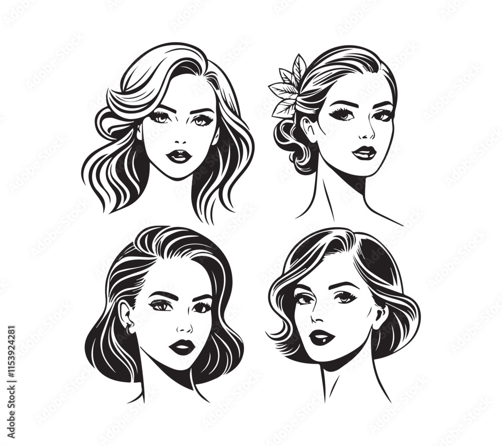 Set of stylized woman faces. Modern single line art. Woman beauty fashion concept, minimalistic style Black and white Set of stylized woman faces. Modern single line art. Woman beauty fashion concept, minimalistic style Black and white