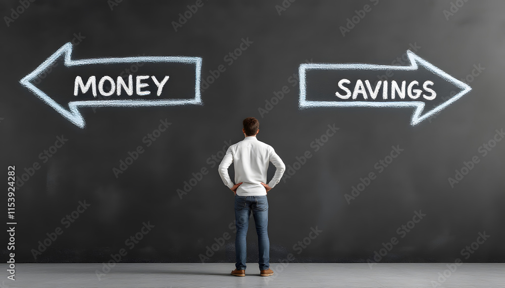 Money vs Saving, Decision-Making Concept with Chalkboard Arrows, Money management concept Money vs Saving, Decision-Making Concept with Chalkboard Arrows, Money management concept