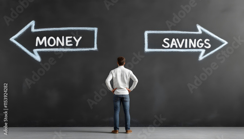 Money vs Saving, Decision-Making Concept with Chalkboard Arrows, Money management concept