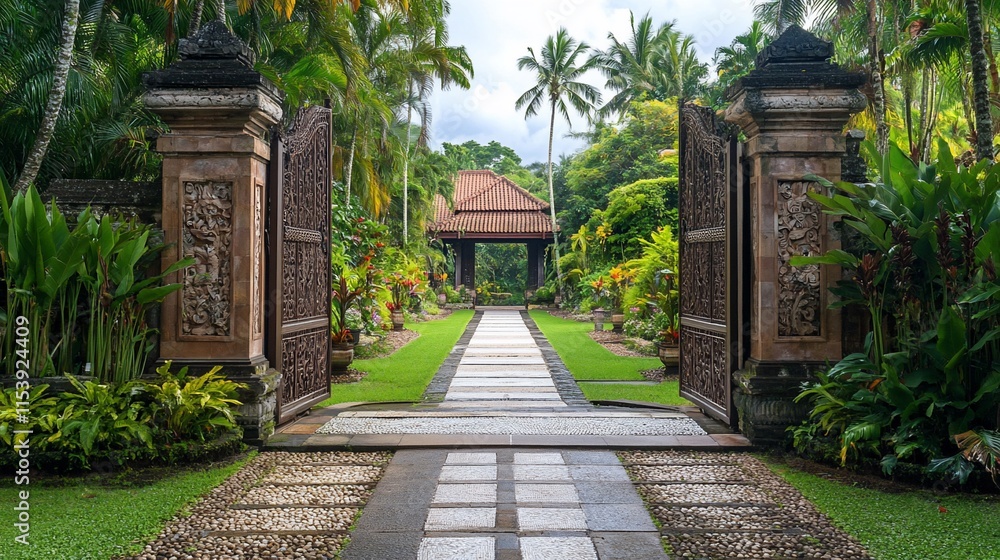 Lush garden pathway leading through ornate gates to a serene tropical retreat. Lush garden pathway leading through ornate gates to a serene tropical retreat.