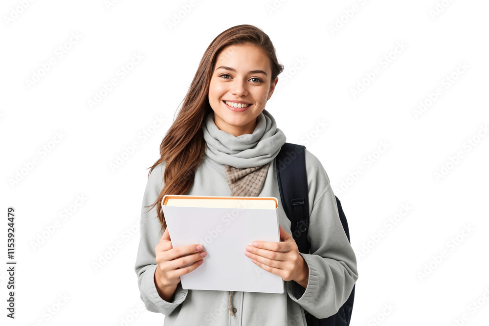 Smiling female student with backpack and holding book, isolated transparent background Smiling female student with backpack and holding book, isolated transparent background