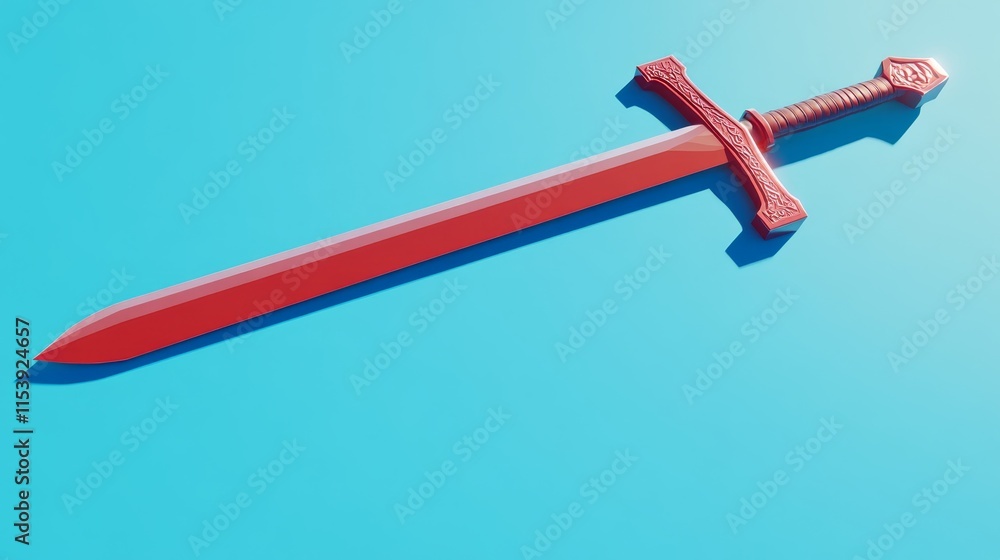 A stylized red sword lying on a blue background, showcasing its design and color. A stylized red sword lying on a blue background, showcasing its design and color.