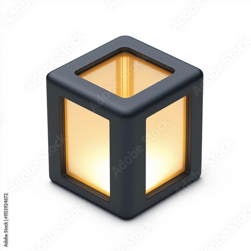 Modern cubic lamp emitting warm light on white background