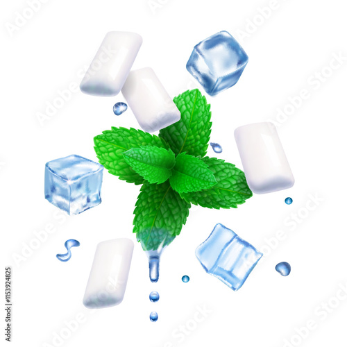 Realistic mint gum with ice cubes and white cum pads, Spearmint green leaves and bubblegum cold freshness on white background with menthol extract drops vector illustration