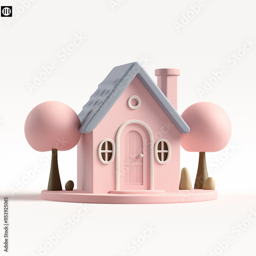 Pink miniature house with trees representing cozy home concept