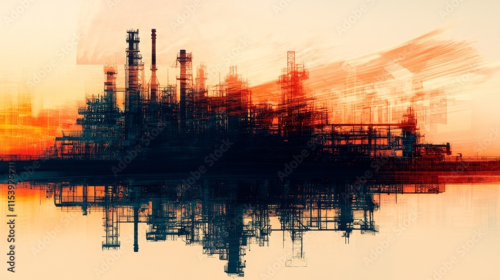 Fototapeta premium Industrial sunset reflections oil refinery abstract photography urban environment aerial view technology and nature contrast